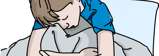 Cartoon image of young boy laying in bed